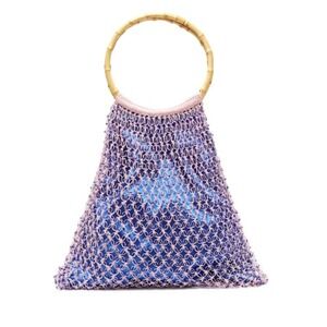 RARE My Beachy Side Aphrodite Bamboo-Handle Beaded Crochet Bag Blue Satin Purse